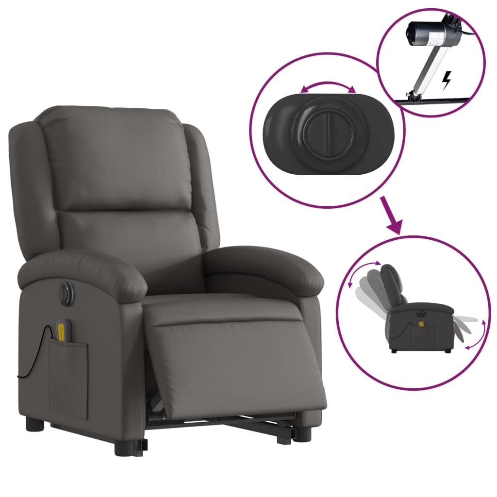 vidaXL Electric Stand up Massage Recliner Chair Gray Real Leather-3