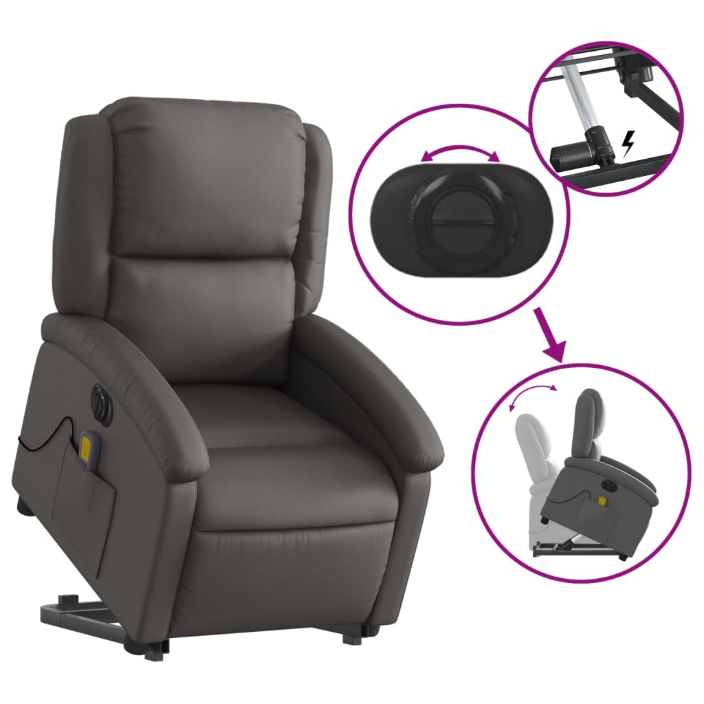 vidaXL Electric Stand up Massage Recliner Chair Gray Real Leather-7