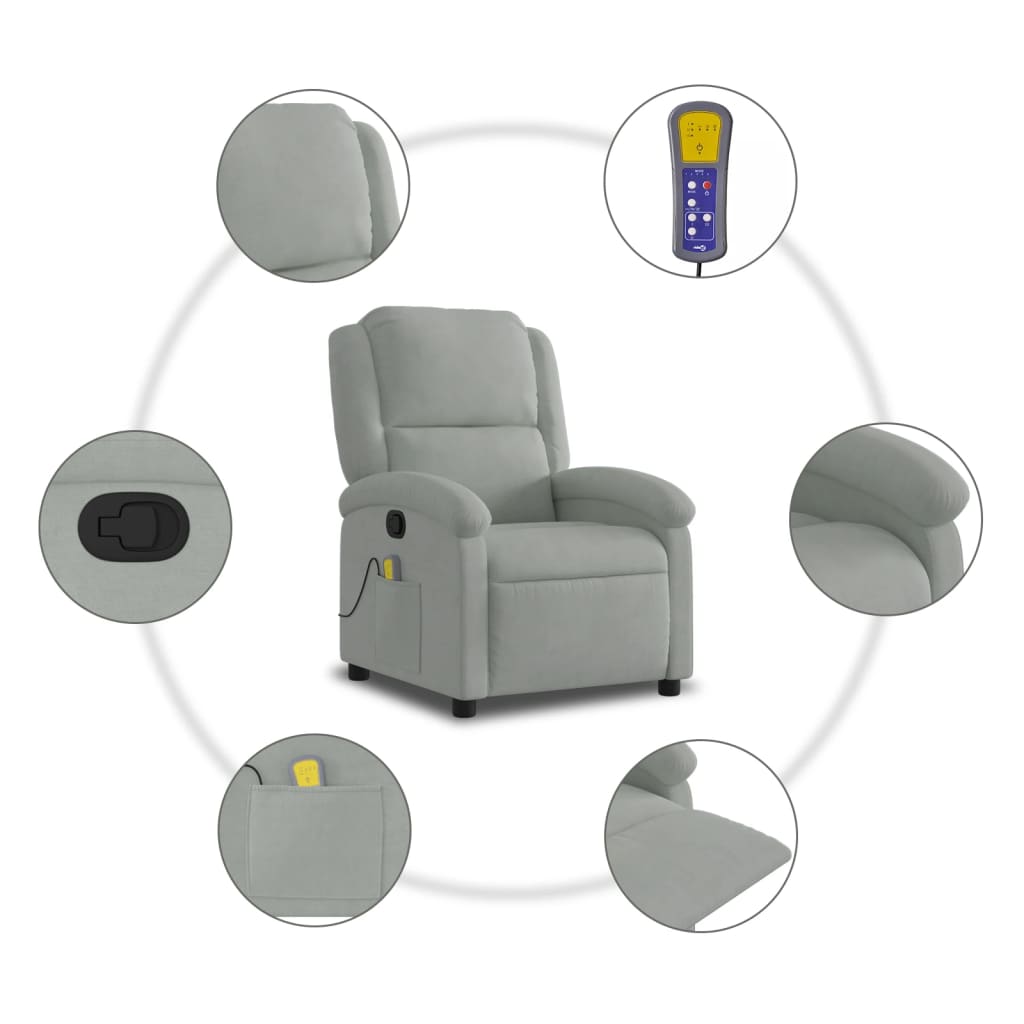 vidaXL Massage Recliner Chair Light Gray Velvet-4