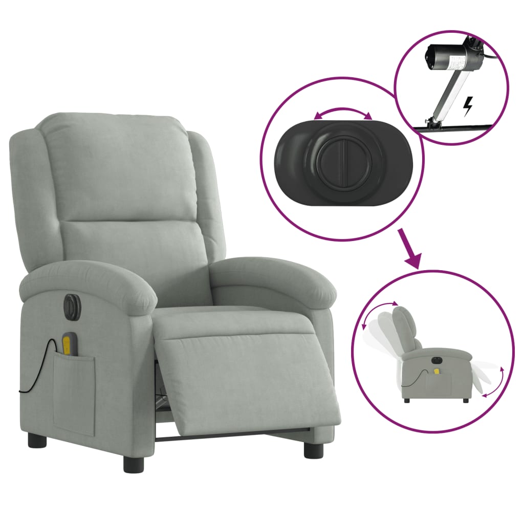 vidaXL Electric Massage Recliner Chair Light Gray Velvet-3