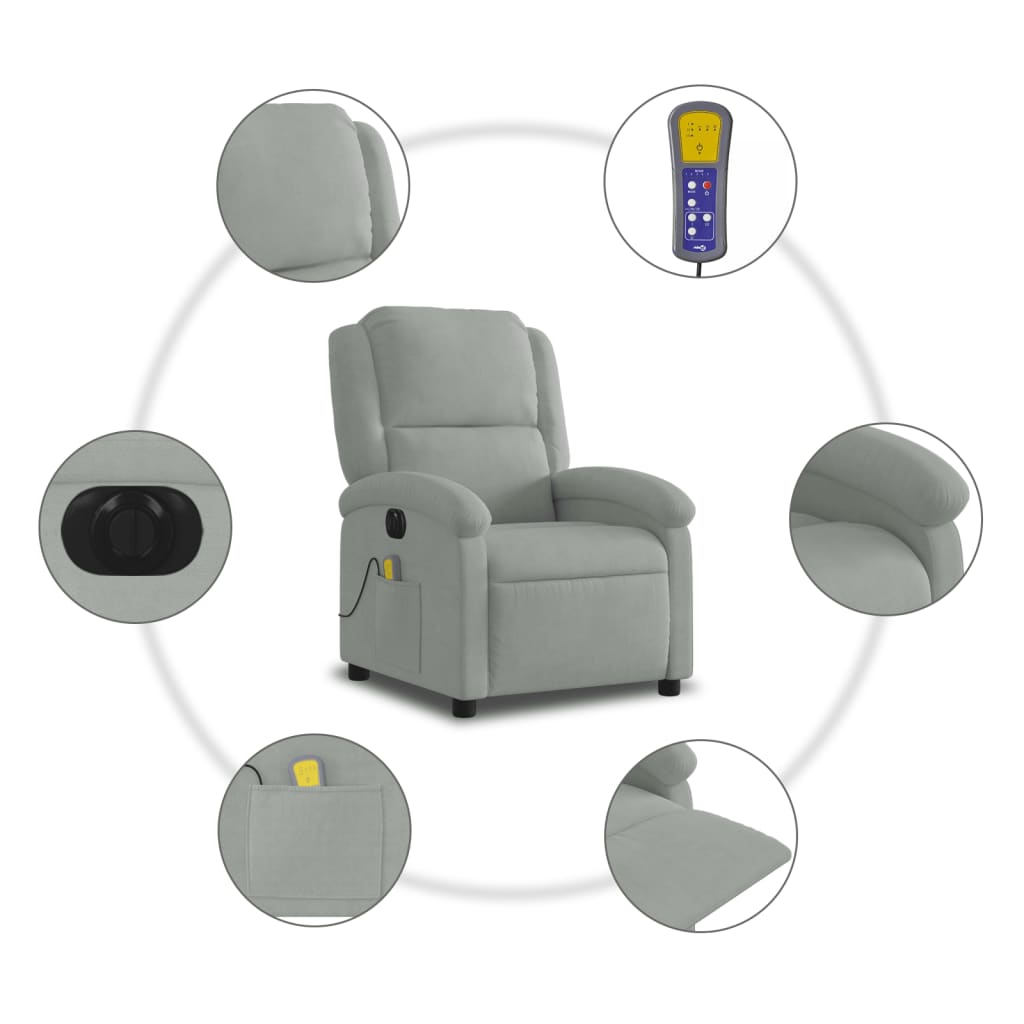 vidaXL Electric Massage Recliner Chair Light Gray Velvet-5