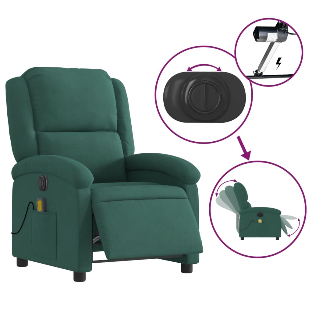 vidaXL Electric Massage Recliner Chair Dark Green Velvet-3