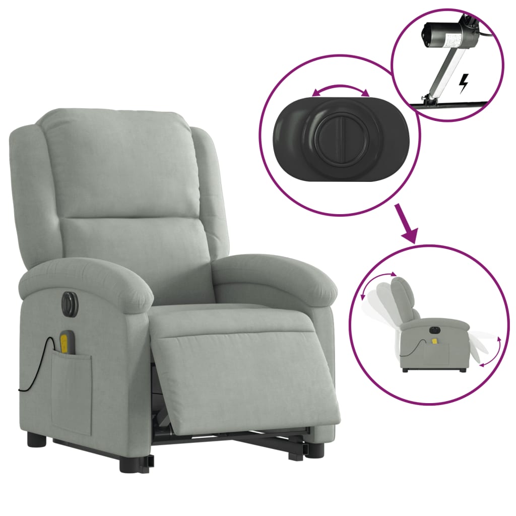 vidaXL Electric Stand up Massage Recliner Chair Light Gray Velvet-3