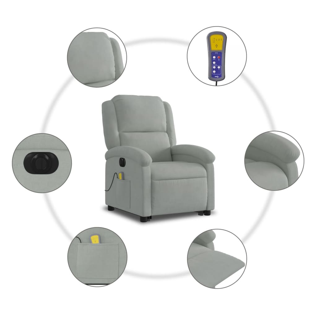 vidaXL Electric Stand up Massage Recliner Chair Light Gray Velvet-5