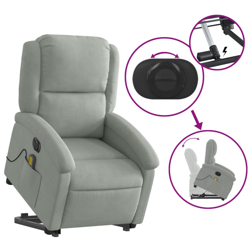 vidaXL Electric Stand up Massage Recliner Chair Light Gray Velvet-7