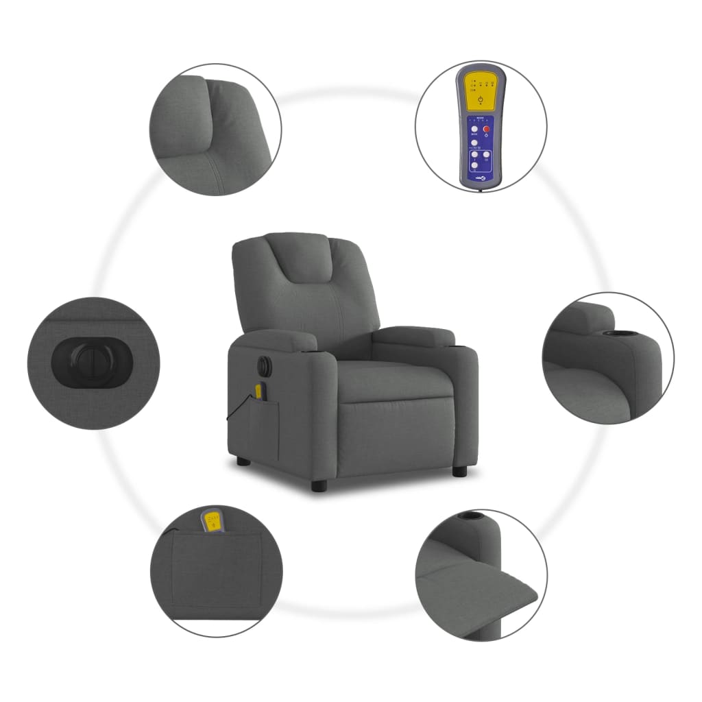 vidaXL Electric Massage Recliner Chair Dark Gray Fabric-5