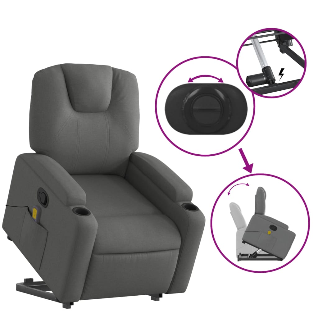 vidaXL Stand up Massage Recliner Chair Dark Gray Fabric-3