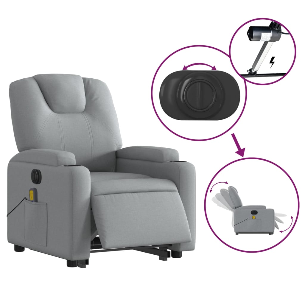 vidaXL Electric Stand up Massage Recliner Chair Light Gray Fabric-3