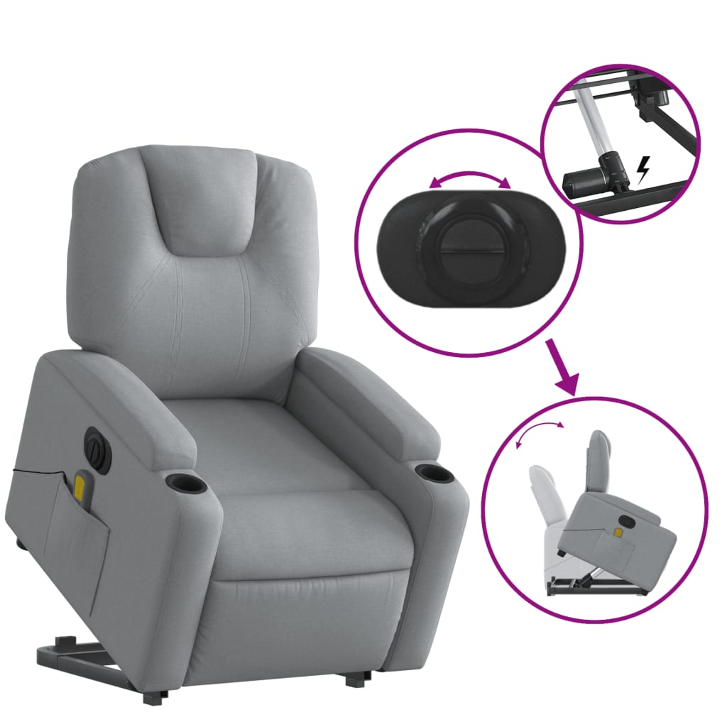 vidaXL Electric Stand up Massage Recliner Chair Light Gray Fabric-7