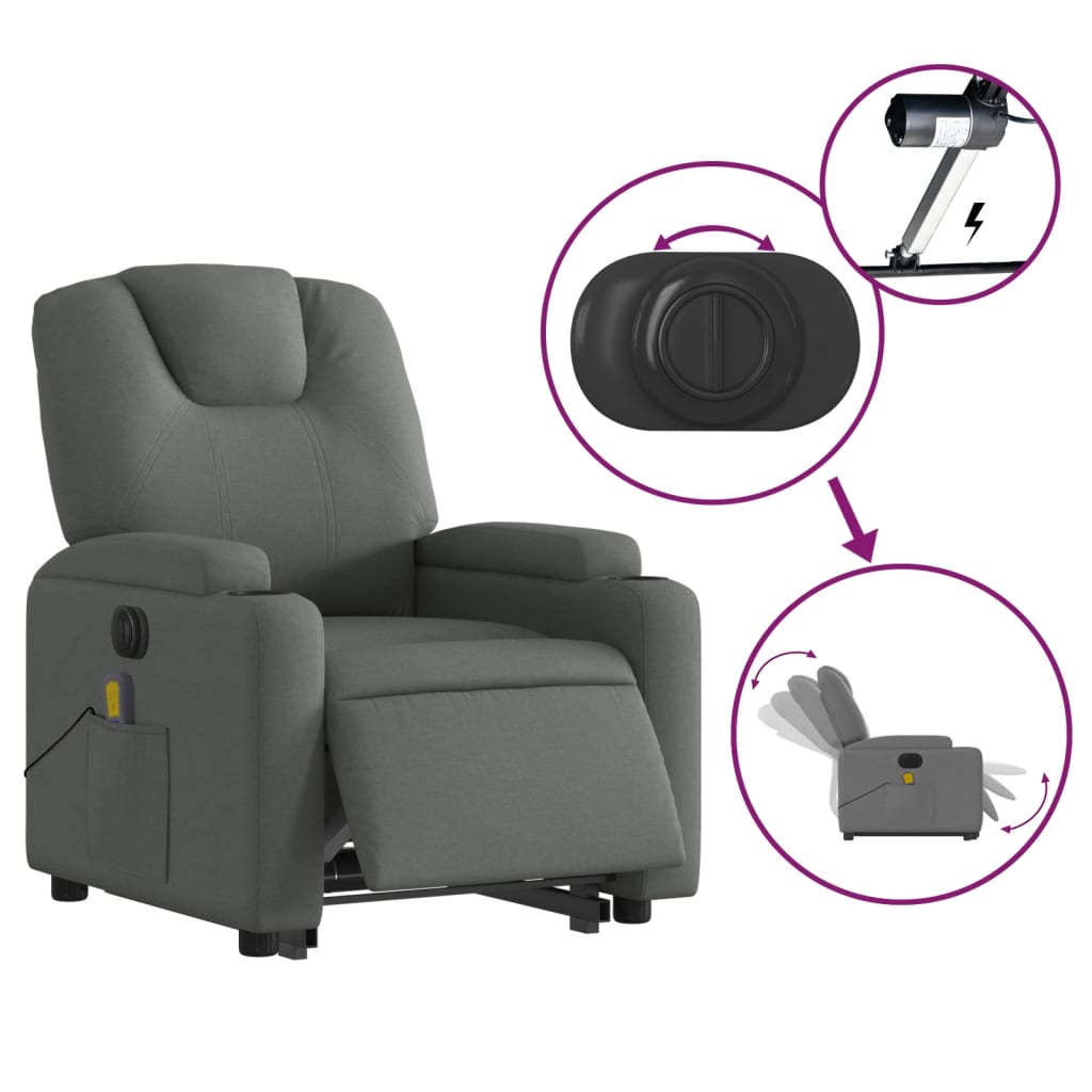 vidaXL Electric Stand up Massage Recliner Chair Dark Gray Fabric-3