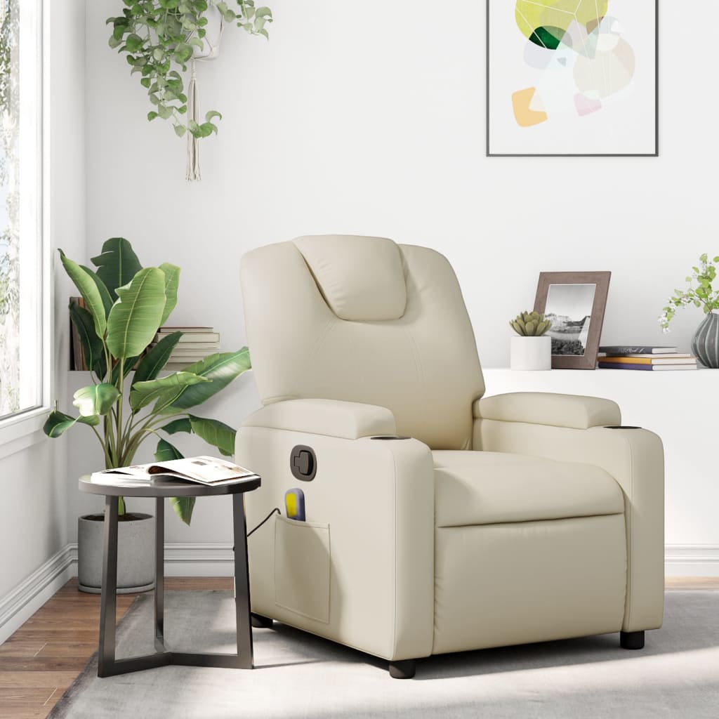 vidaXL Massage Recliner Chair Cream Faux Leather-7