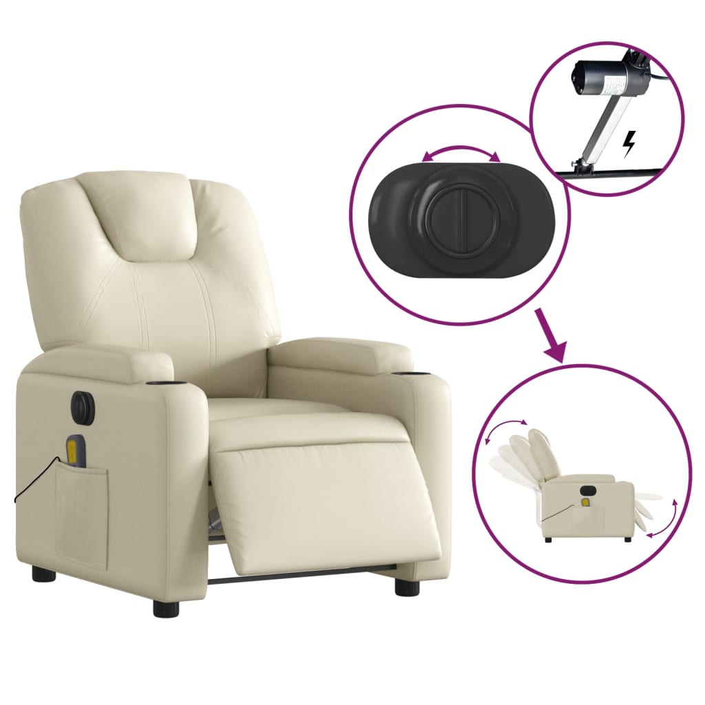 vidaXL Electric Massage Recliner Chair Cream Faux Leather-3