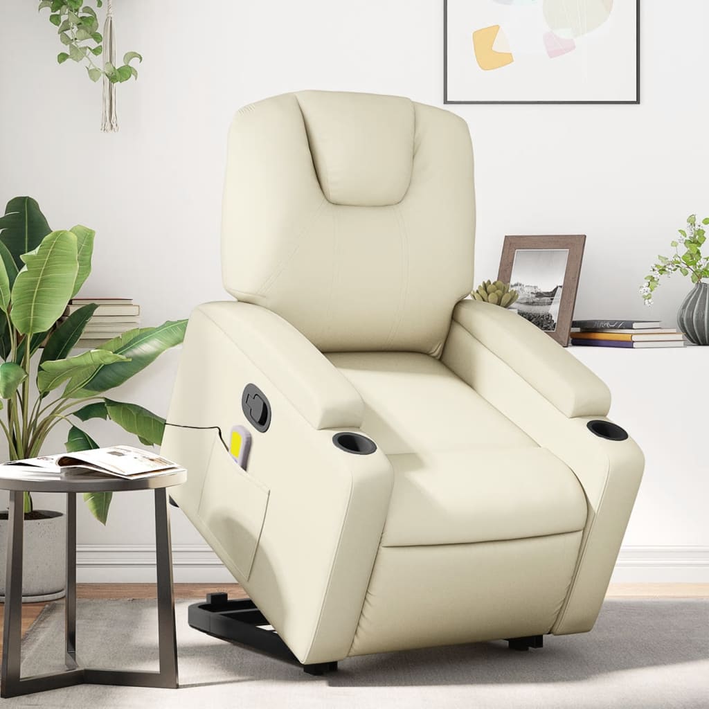 vidaXL Stand up Massage Recliner Chair Cream Faux Leather-0