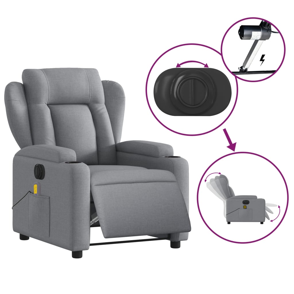 vidaXL Electric Massage Recliner Chair Light Gray Fabric-3