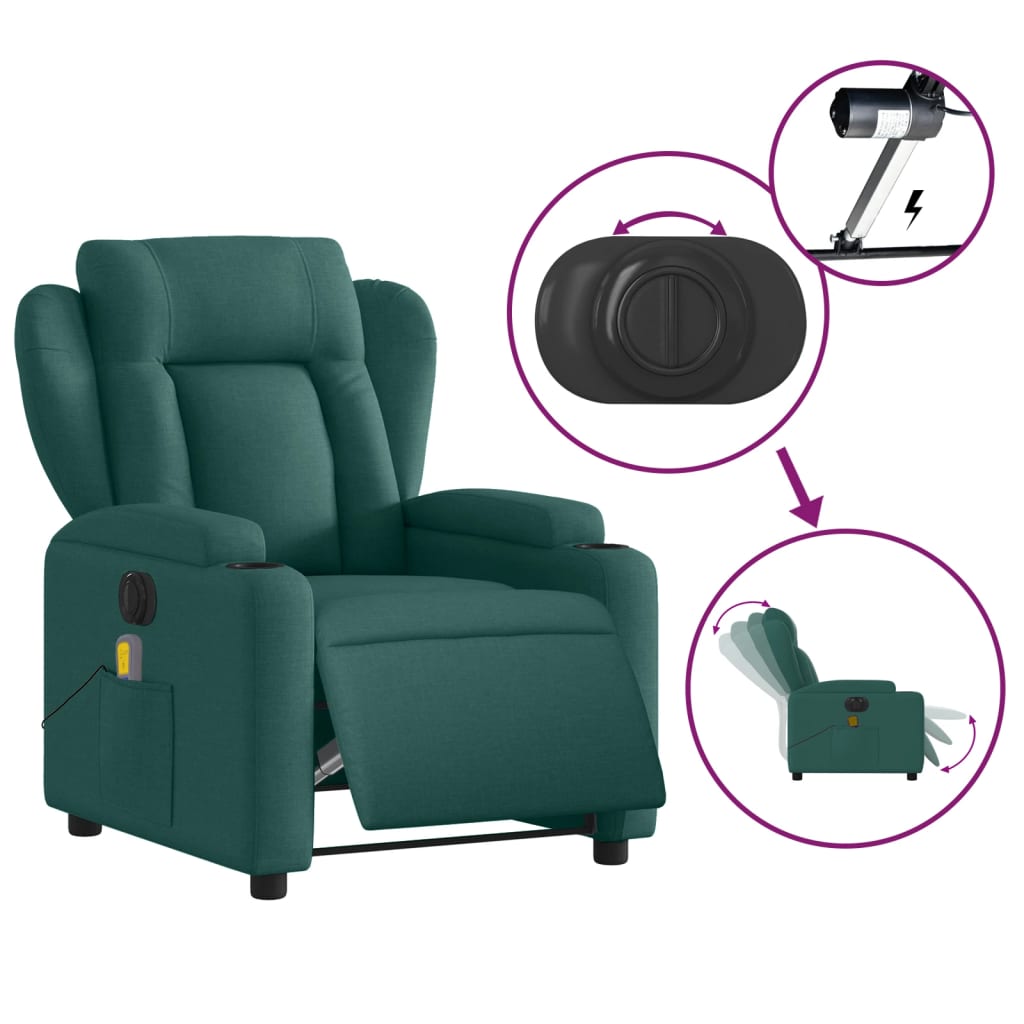 vidaXL Electric Massage Recliner Chair Dark Green Fabric-3