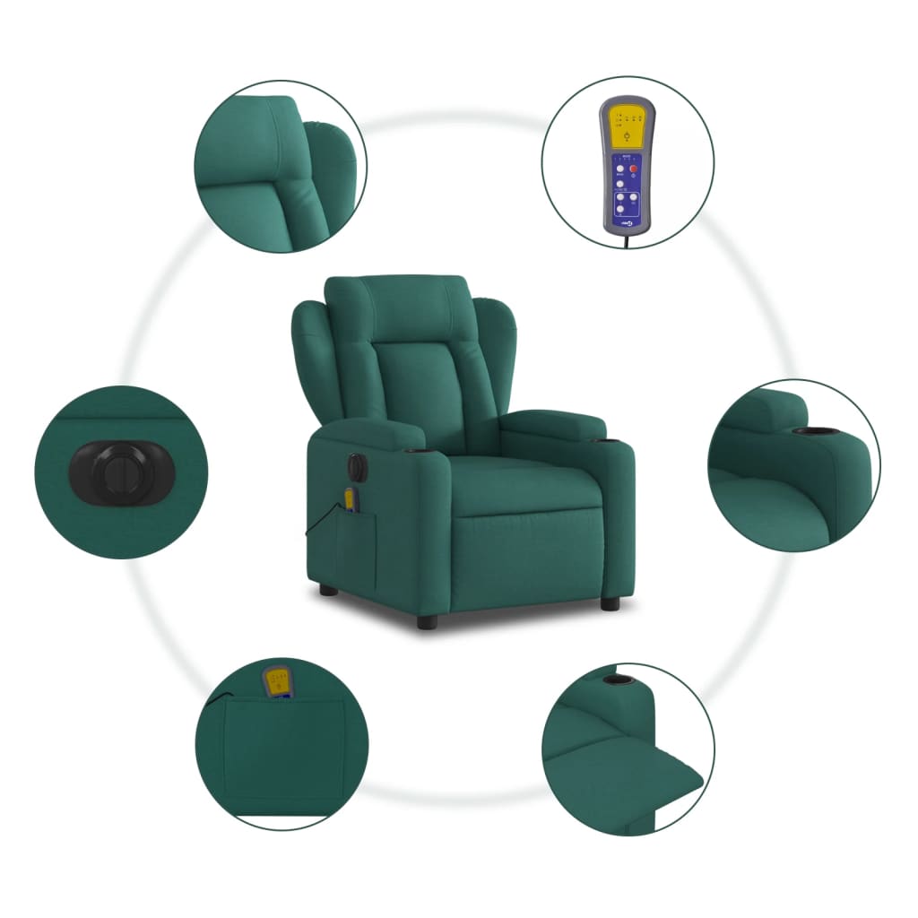 vidaXL Electric Massage Recliner Chair Dark Green Fabric-5