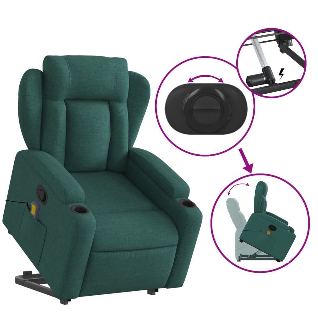 vidaXL Stand up Massage Recliner Chair Dark Green Fabric-3