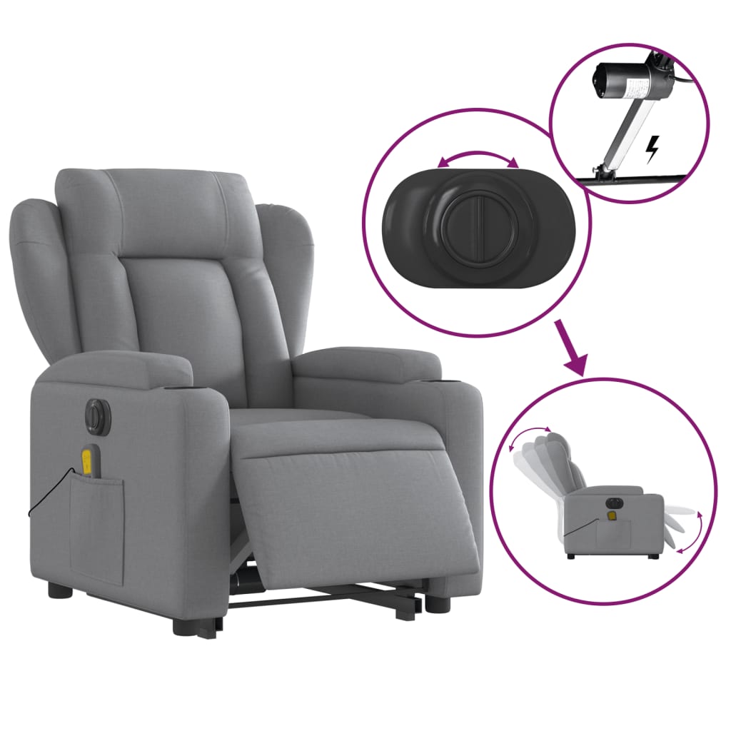 vidaXL Electric Stand up Massage Recliner Chair Light Gray Fabric-3