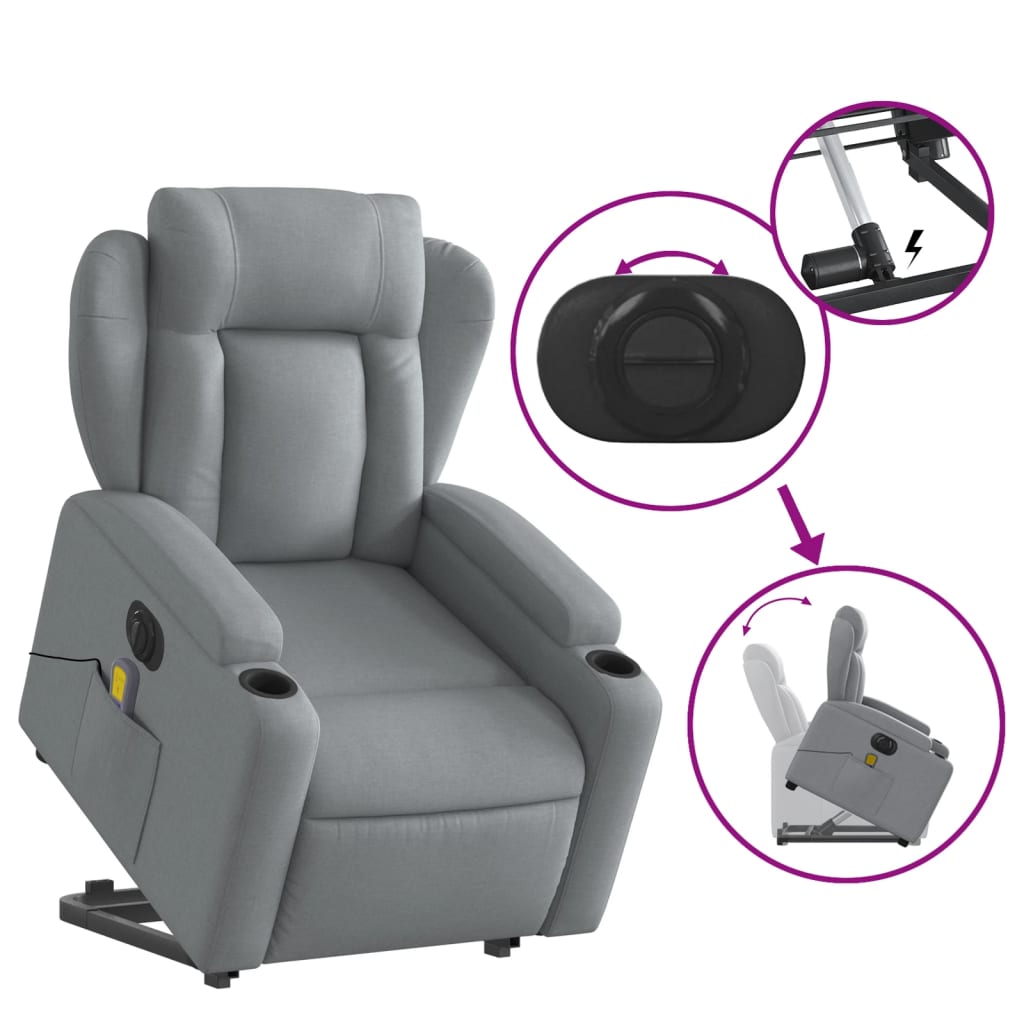 vidaXL Electric Stand up Massage Recliner Chair Light Gray Fabric-7