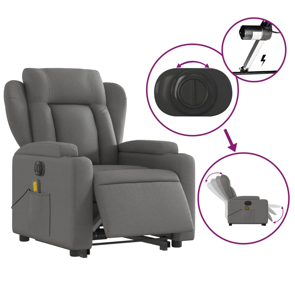 vidaXL Electric Stand up Massage Recliner Chair Dark Gray Fabric-3