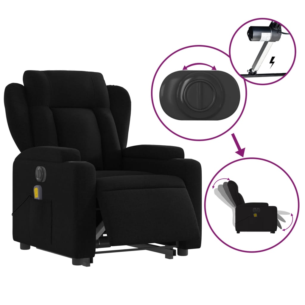 vidaXL Electric Stand up Massage Recliner Chair Black Fabric-3