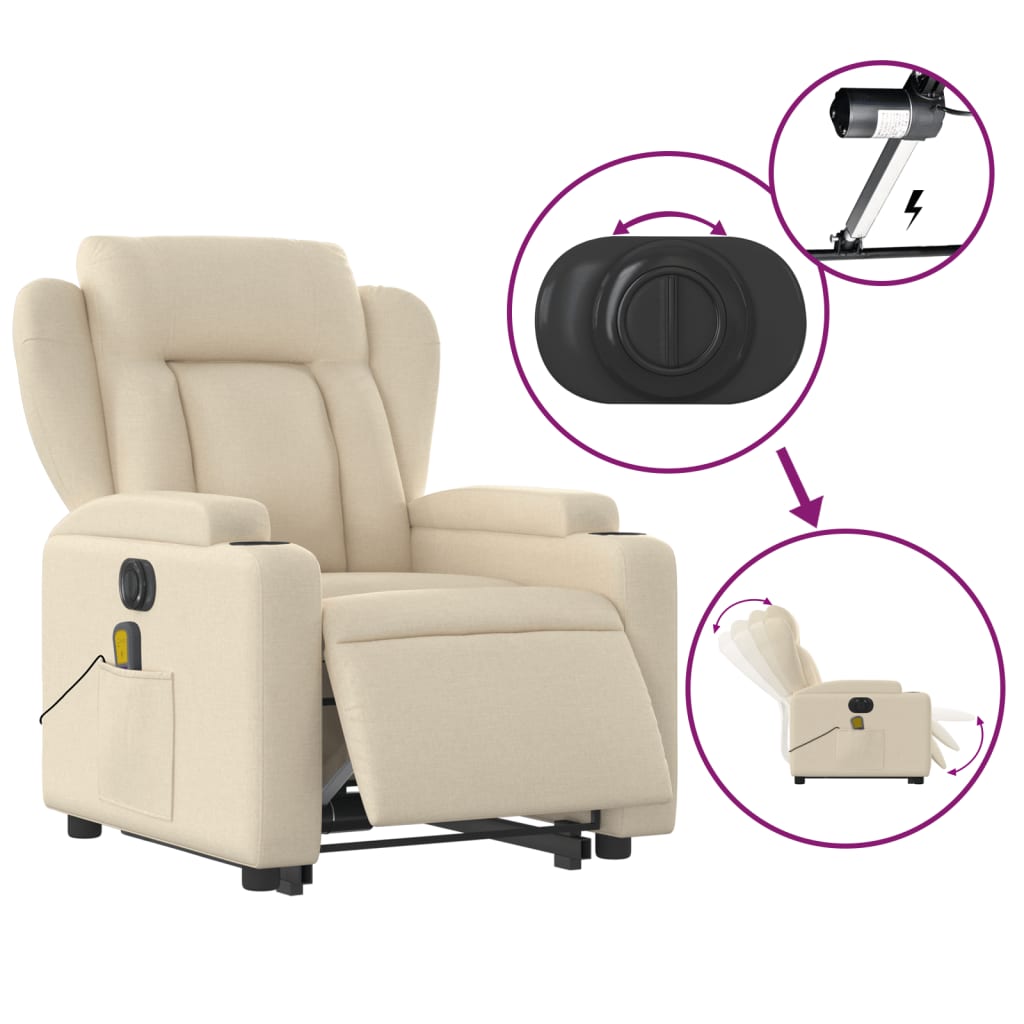 vidaXL Electric Stand up Massage Recliner Chair Cream Fabric-3