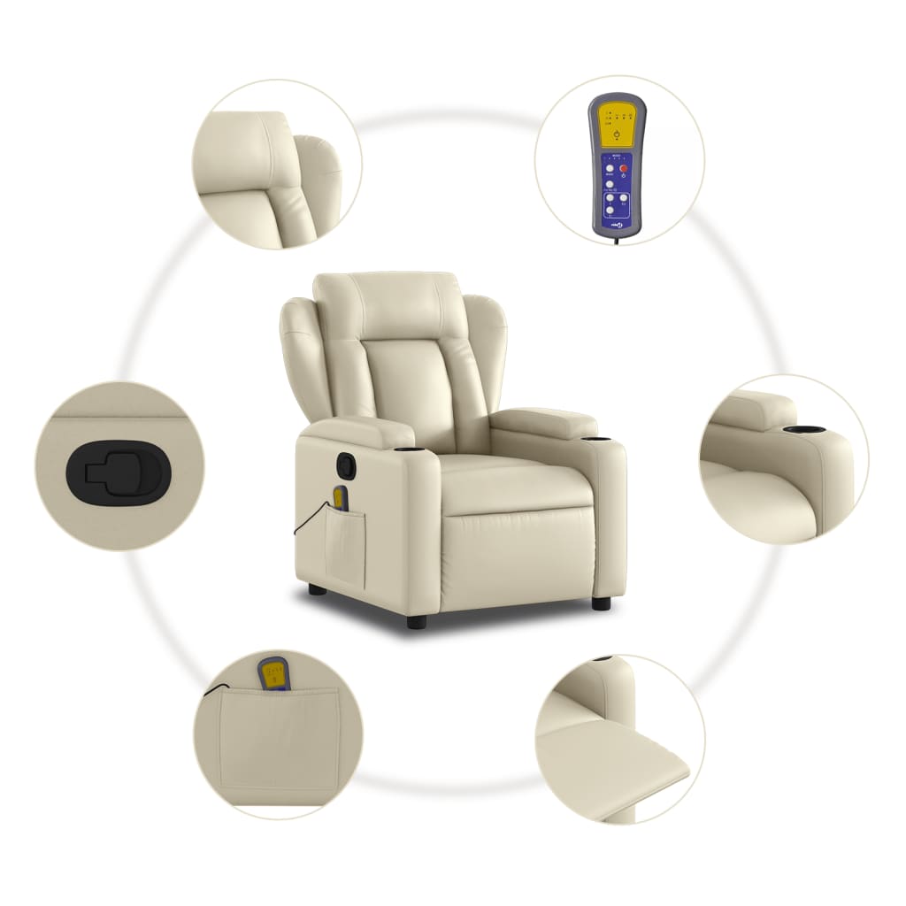 vidaXL Massage Recliner Chair Cream Faux Leather-4