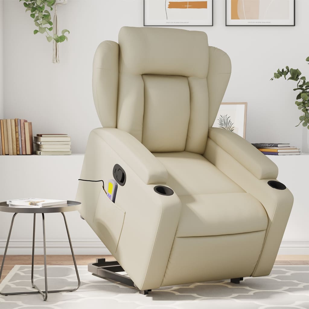 vidaXL Stand up Massage Recliner Chair Cream Faux Leather-0