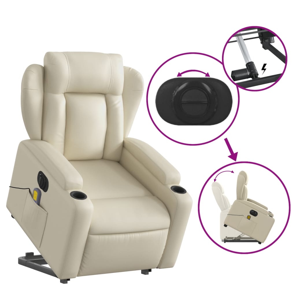 vidaXL Electric Stand up Massage Recliner Chair Cream Faux Leather-7