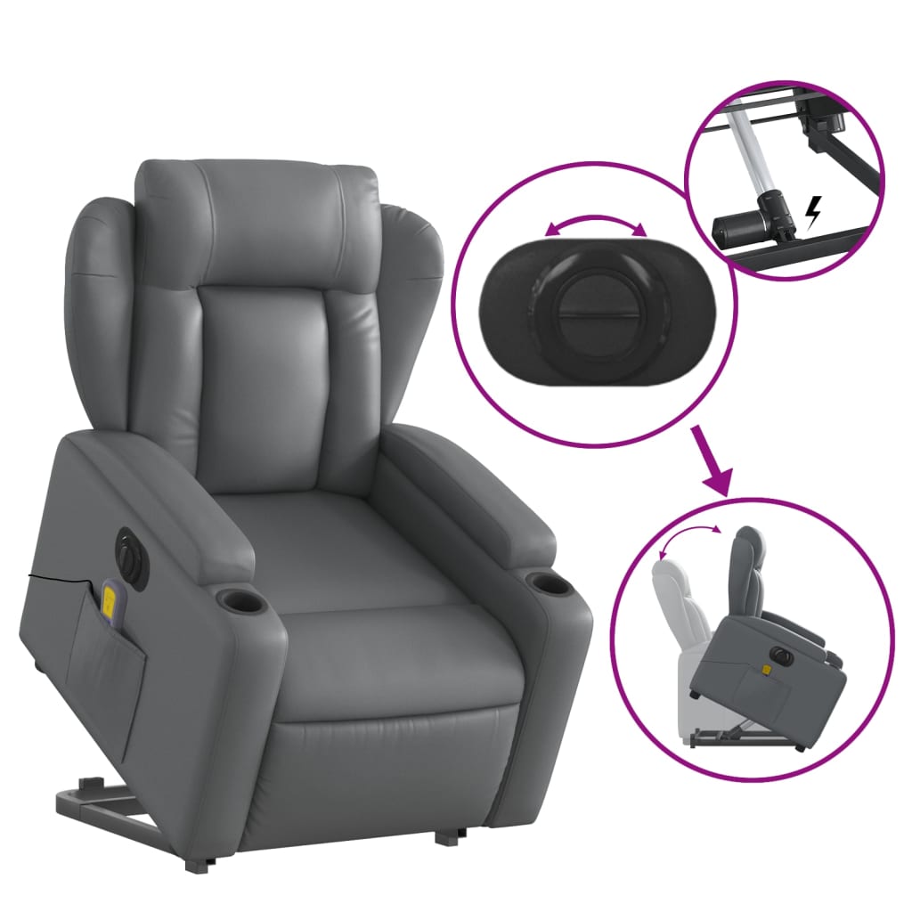 vidaXL Electric Stand up Massage Recliner Chair Gray Faux Leather-7