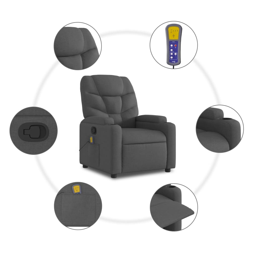 vidaXL Massage Recliner Chair Dark Gray Fabric-3