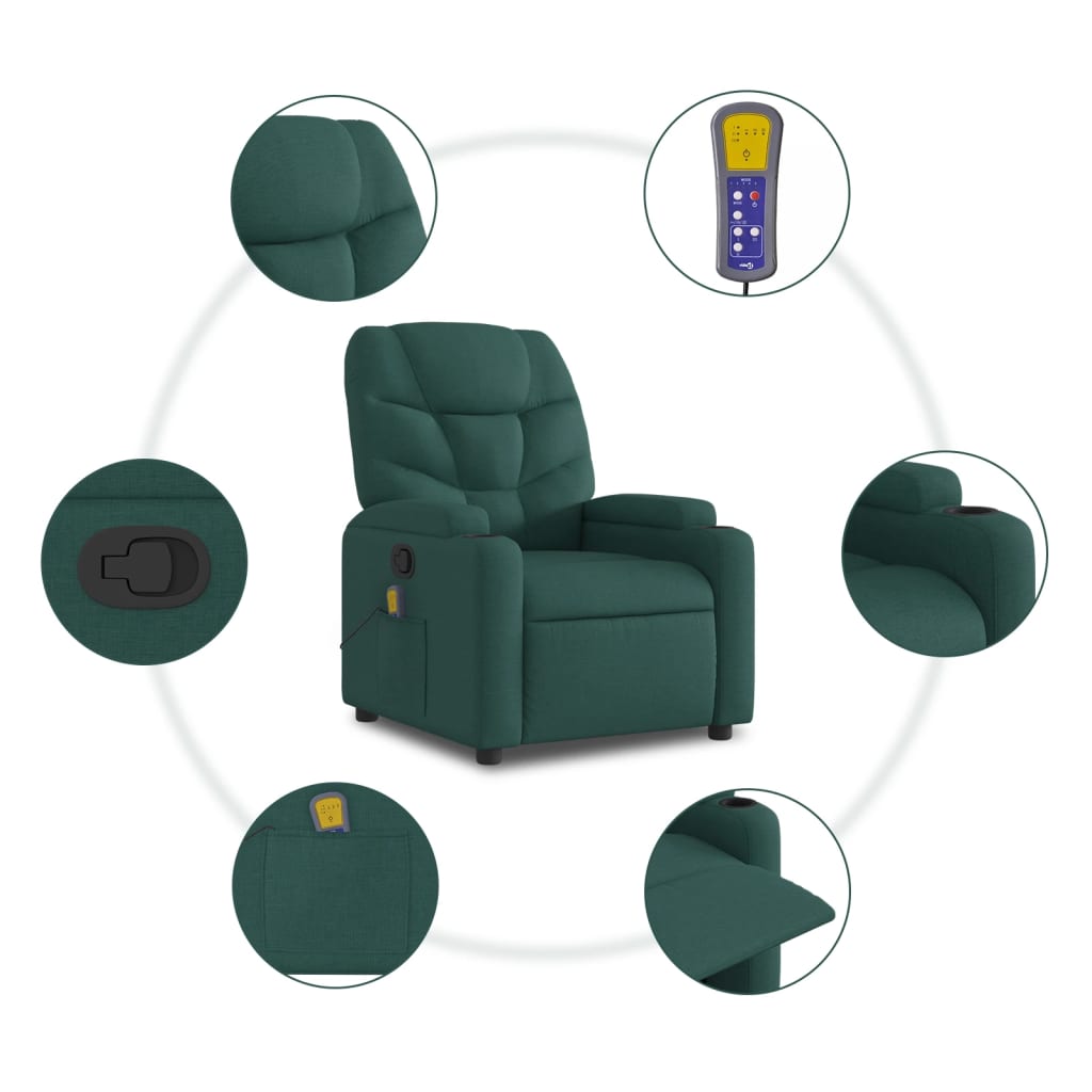 vidaXL Massage Recliner Chair Dark Green Fabric-2