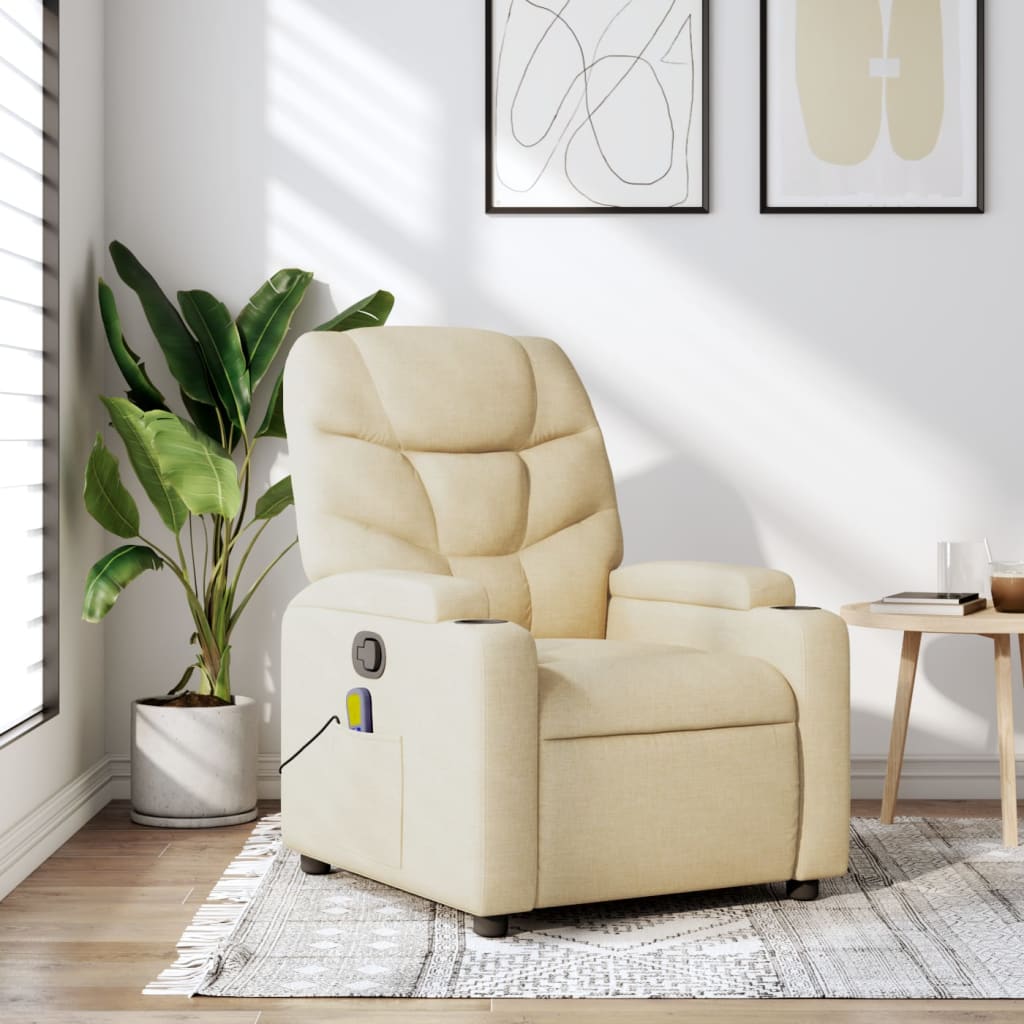 vidaXL Massage Recliner Chair Cream Fabric-0