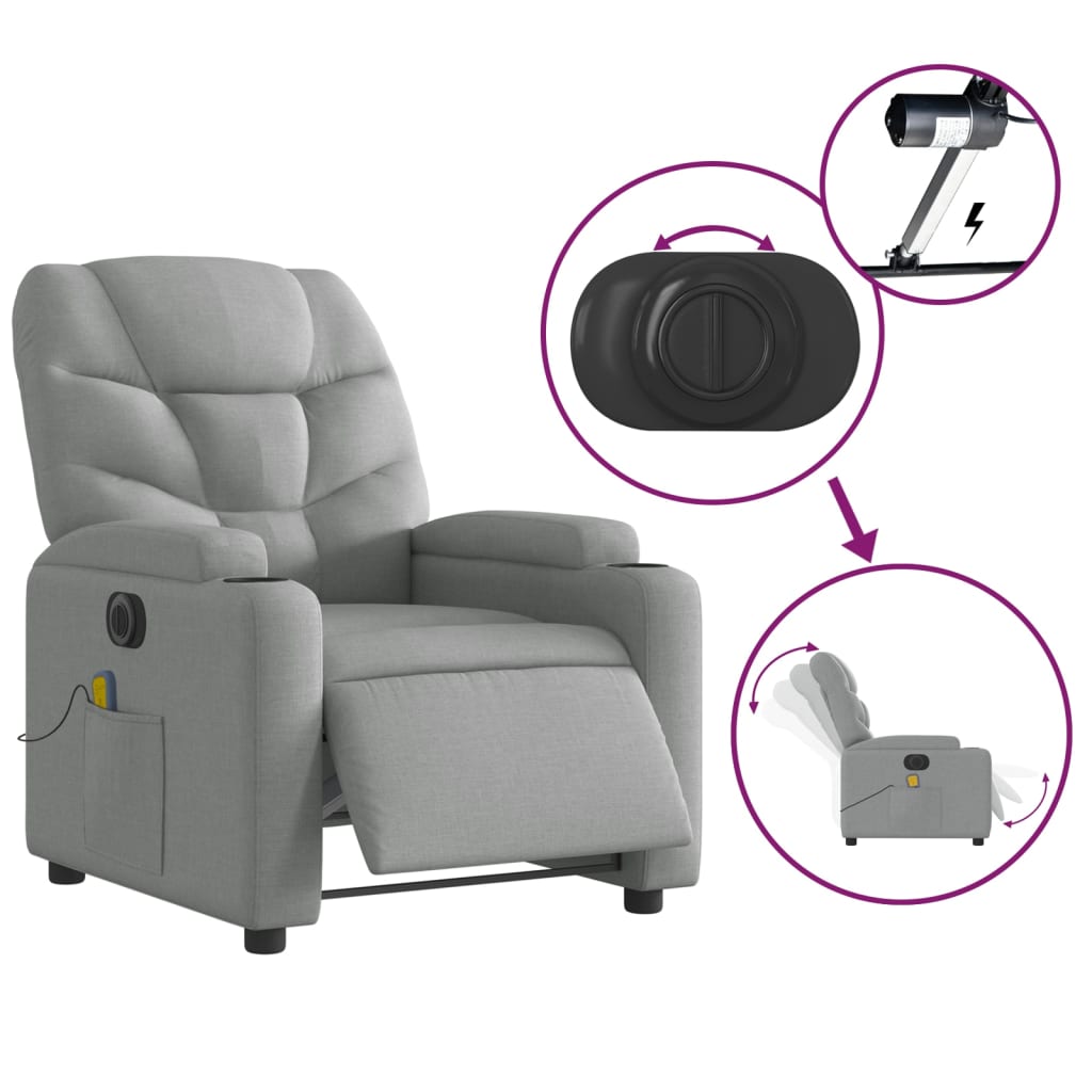 vidaXL Electric Massage Recliner Chair Light Gray Fabric-3