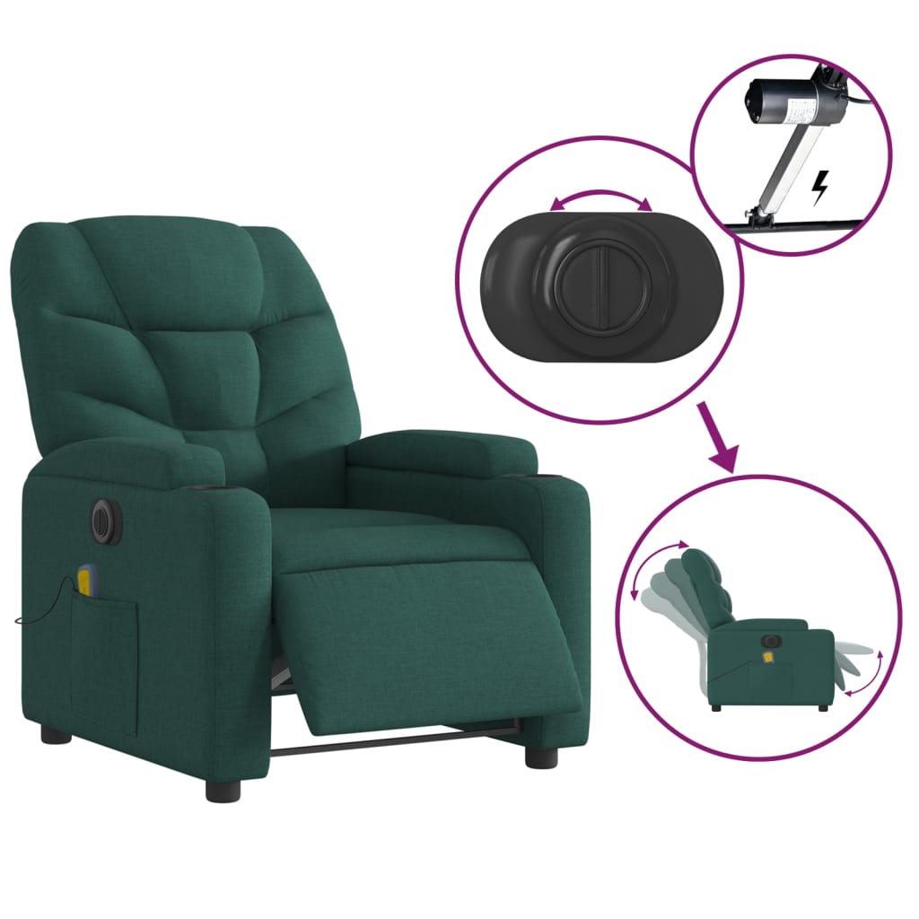 vidaXL Electric Massage Recliner Chair Dark Green Fabric-3