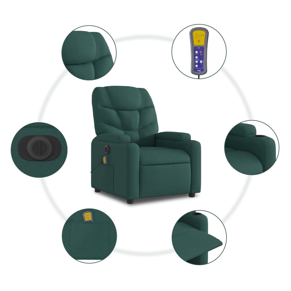 vidaXL Electric Massage Recliner Chair Dark Green Fabric-5