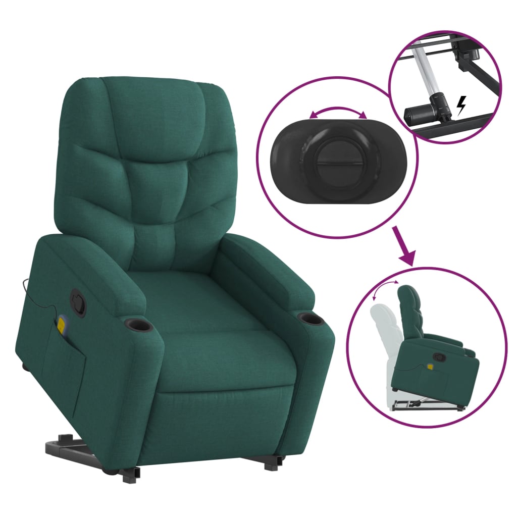 vidaXL Stand up Massage Recliner Chair Dark Green Fabric-3