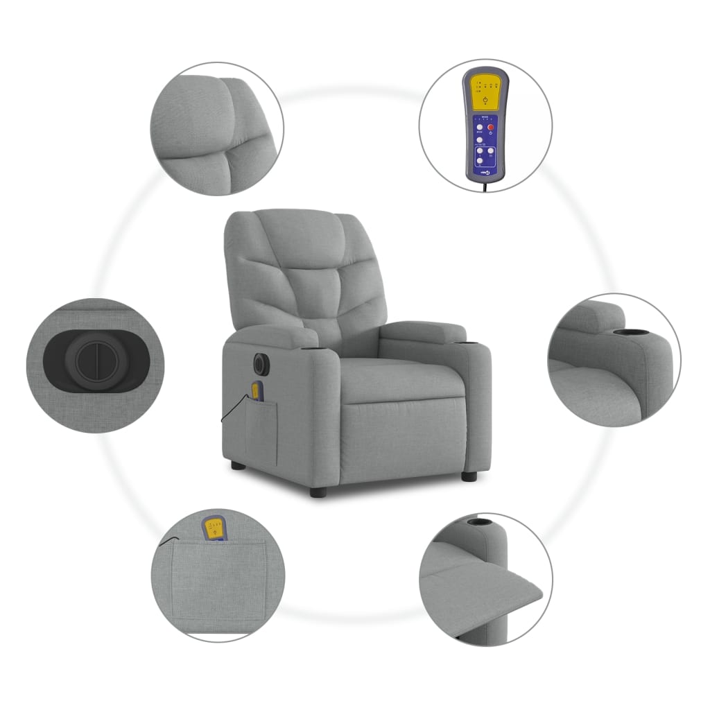 vidaXL Electric Stand up Massage Recliner Chair Light Gray Fabric-5