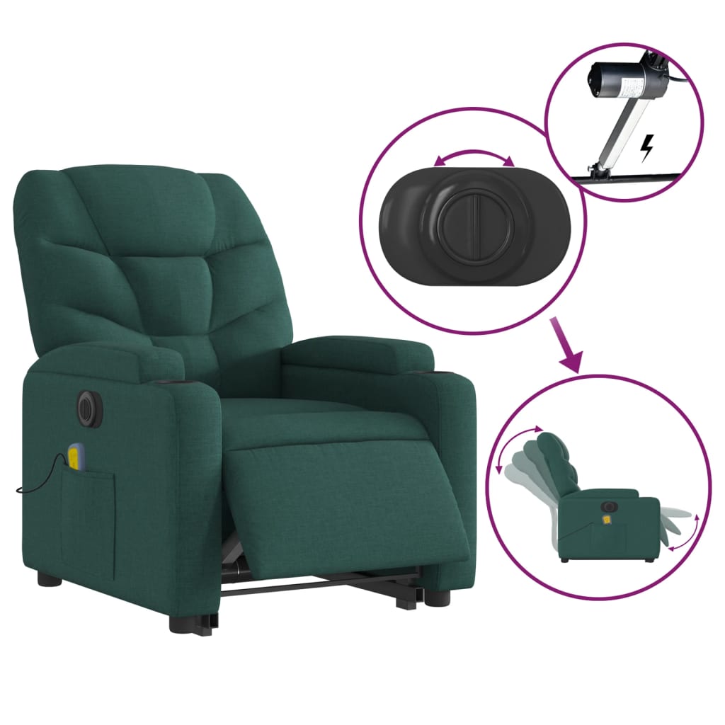 vidaXL Electric Stand up Massage Recliner Chair Dark Green Fabric-3