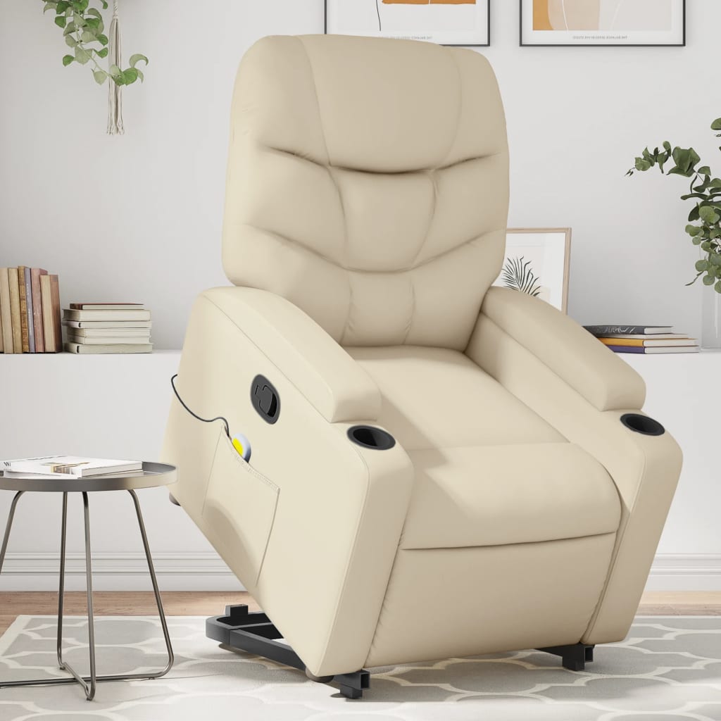 vidaXL Stand up Massage Recliner Chair Cream Faux Leather-0