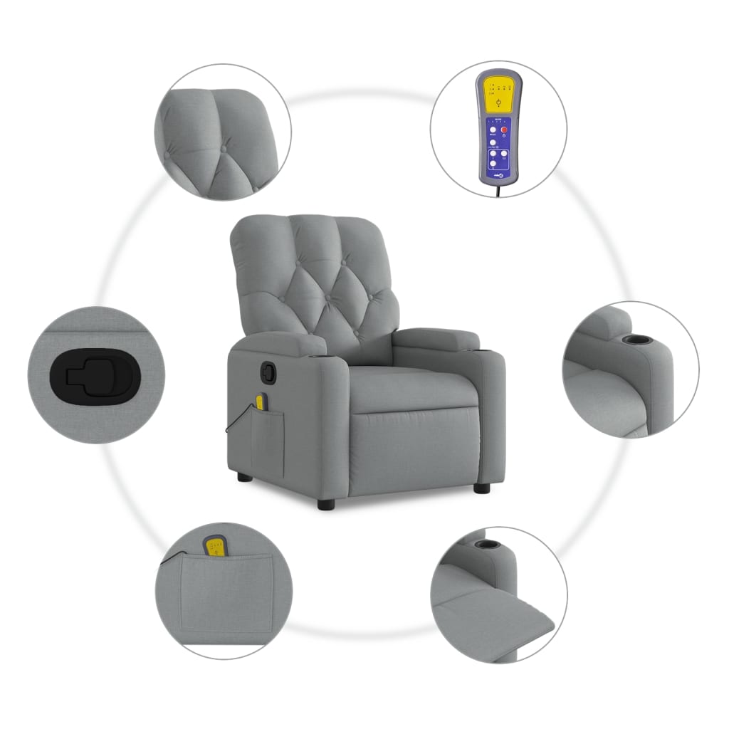 vidaXL Massage Recliner Chair Light Gray Fabric-4