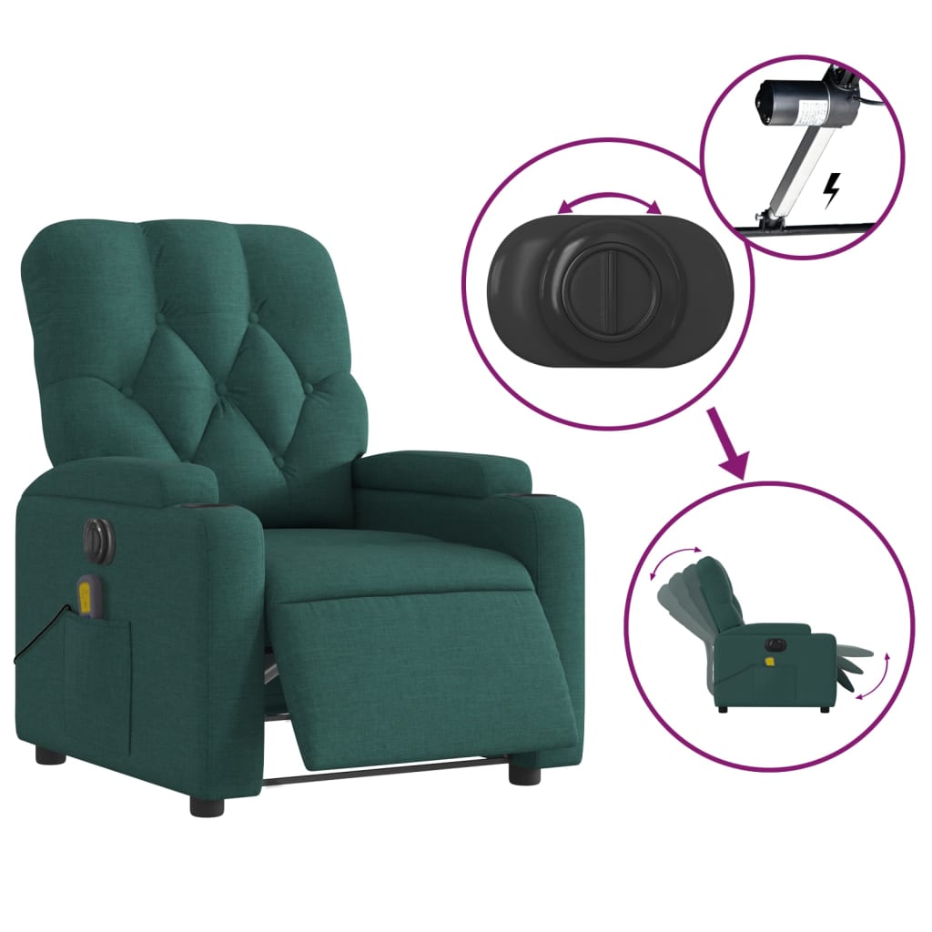 vidaXL Electric Massage Recliner Chair Dark Green Fabric-3