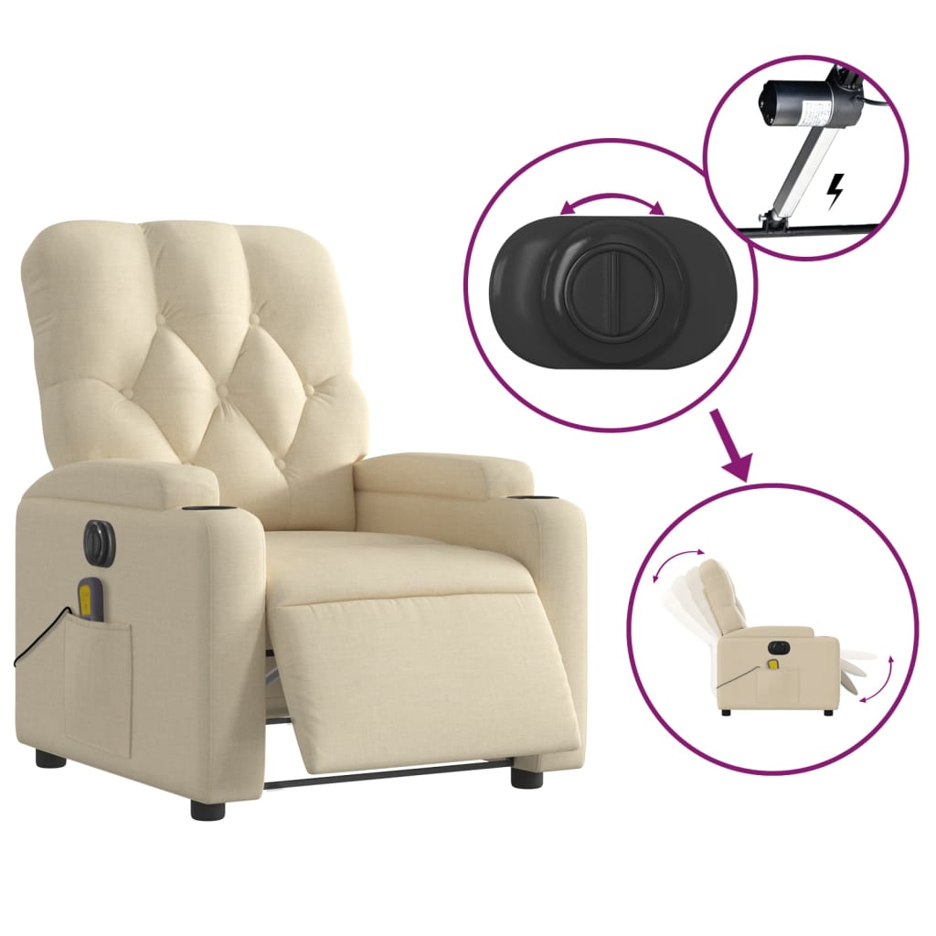 vidaXL Electric Massage Recliner Chair Cream Fabric-3