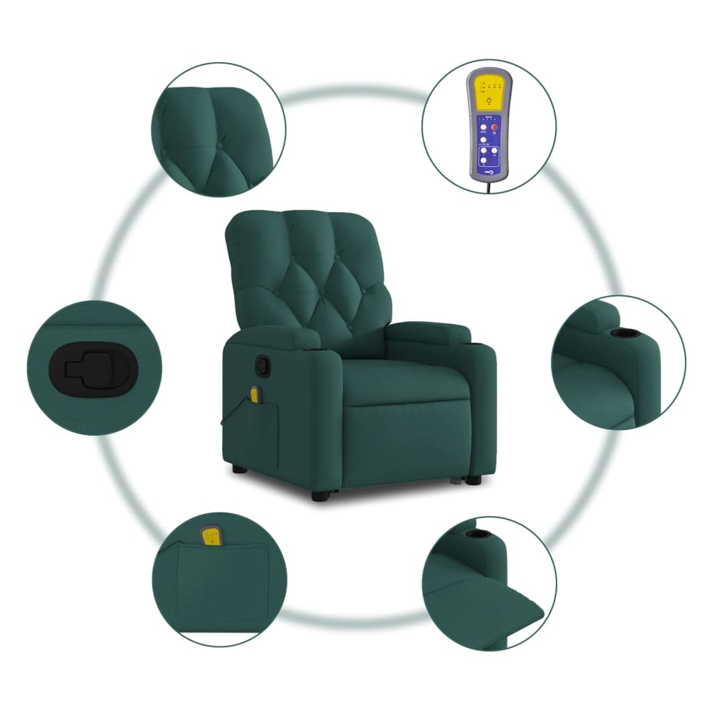 vidaXL Stand up Massage Recliner Chair Dark Green Fabric-4