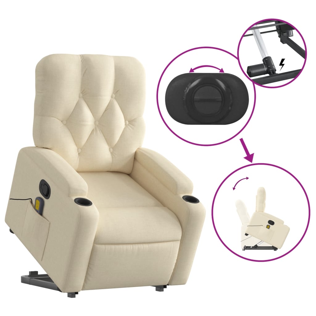 vidaXL Stand up Massage Recliner Chair Cream Fabric-3