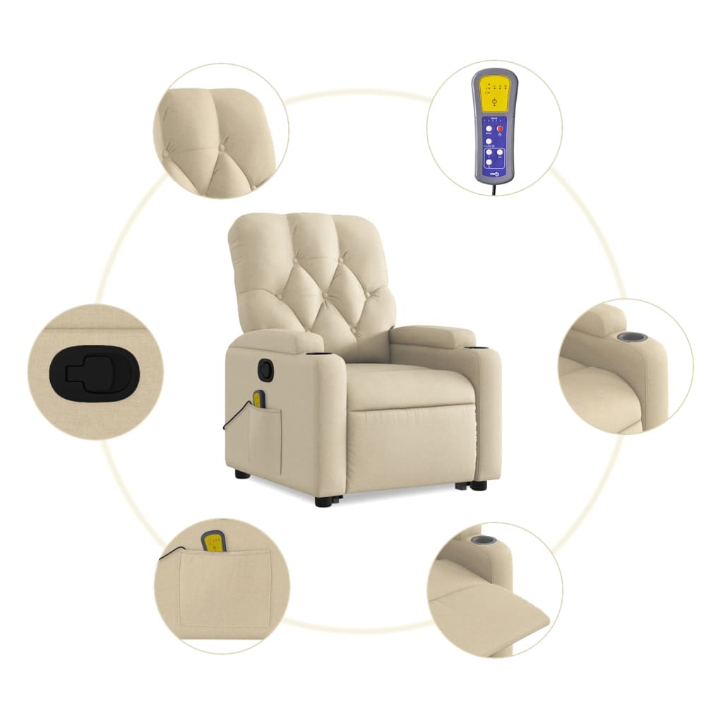 vidaXL Stand up Massage Recliner Chair Cream Fabric-5