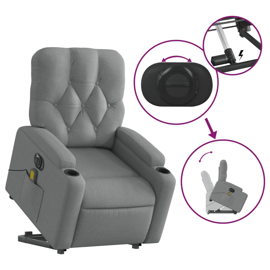 vidaXL Electric Stand up Massage Recliner Chair Light Gray Fabric-7