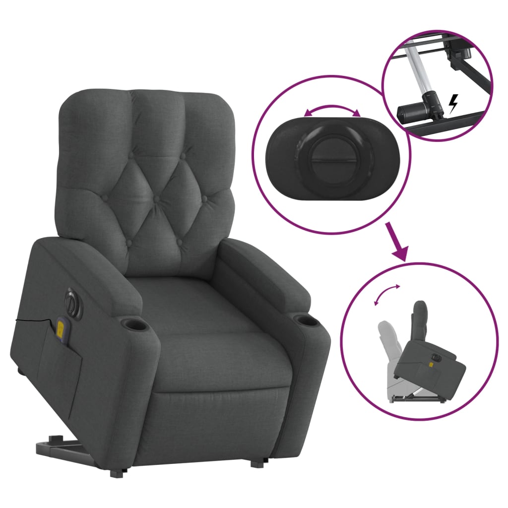 vidaXL Electric Stand up Massage Recliner Chair Dark Gray Fabric-7