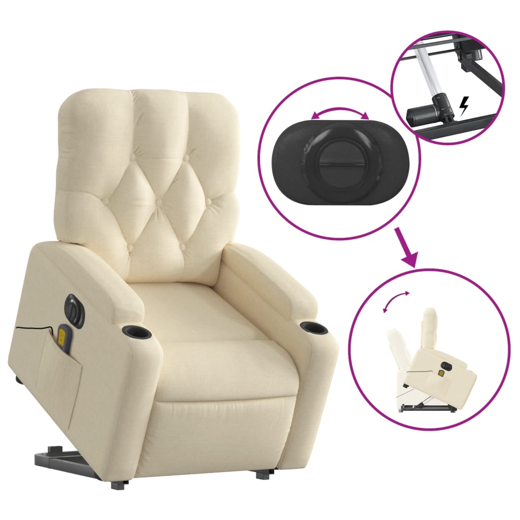 vidaXL Electric Stand up Massage Recliner Chair Cream Fabric-7