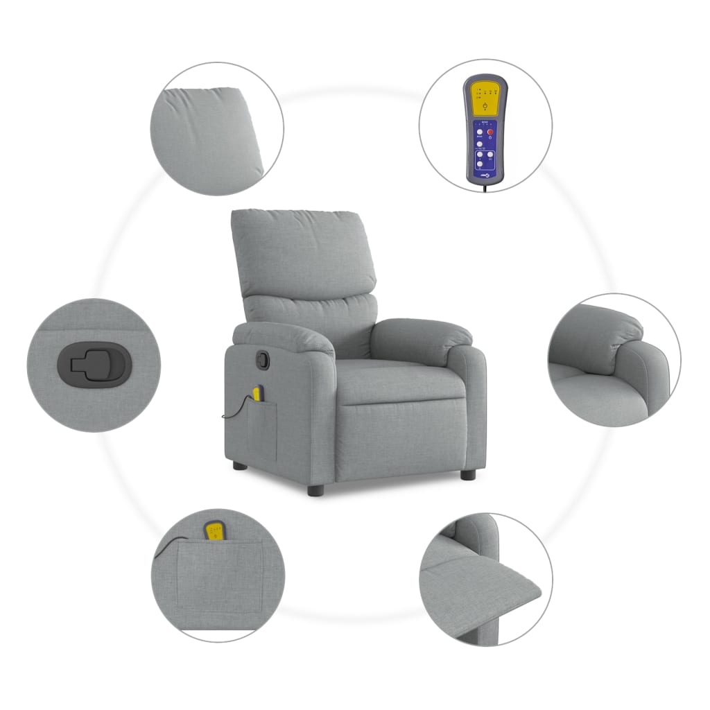 vidaXL Massage Recliner Chair Light Gray Fabric-4